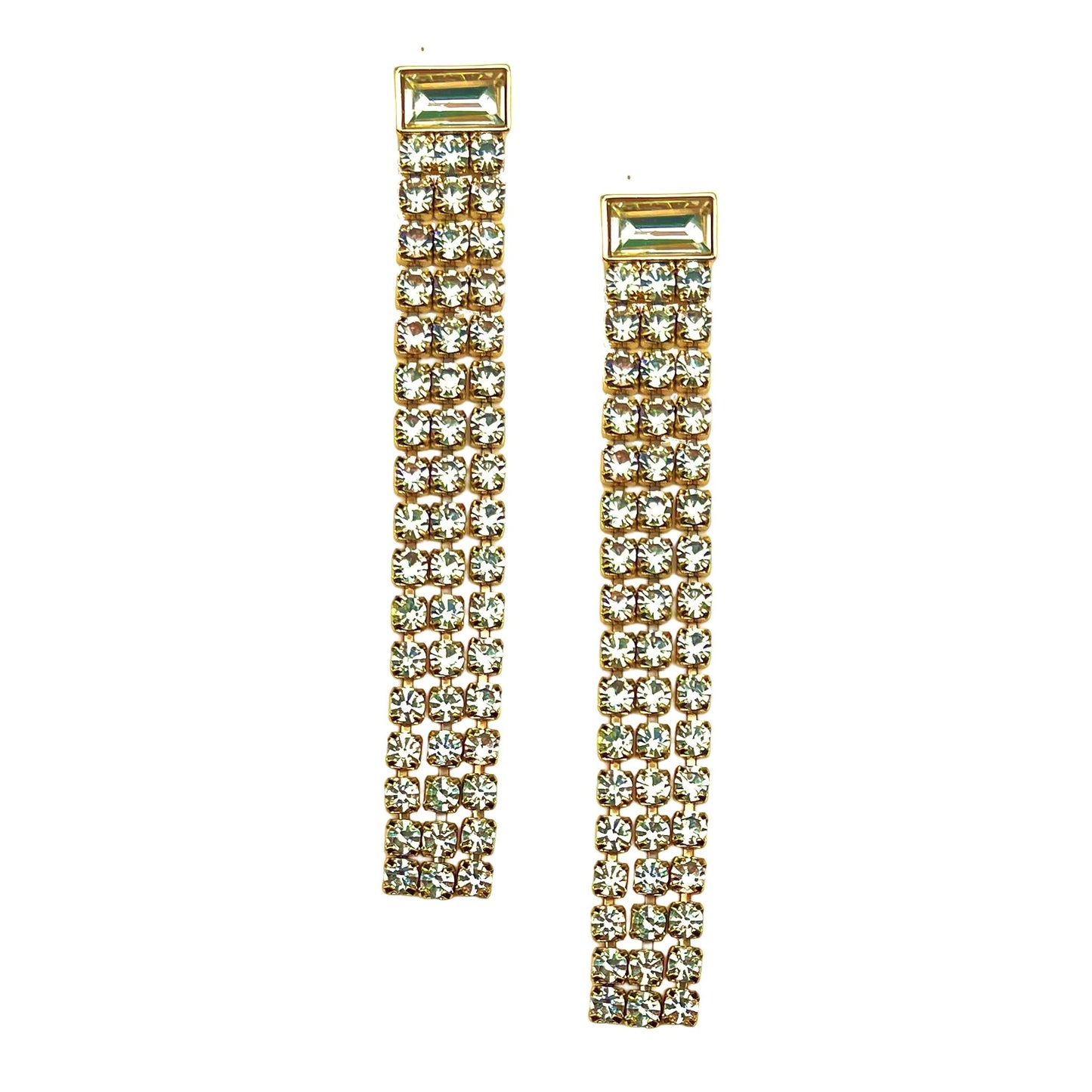 a pair of gold tone earrings with clear stones