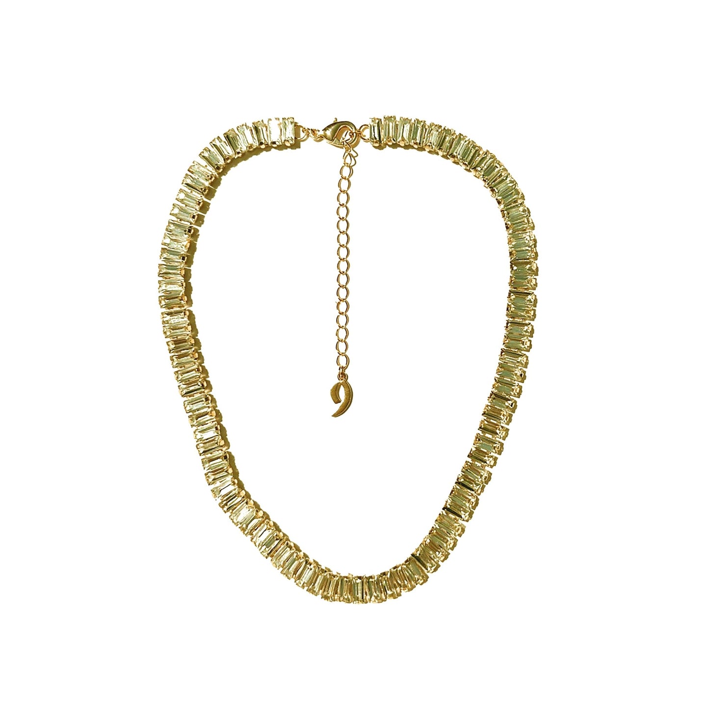 a necklace with a gold chain and a crescent