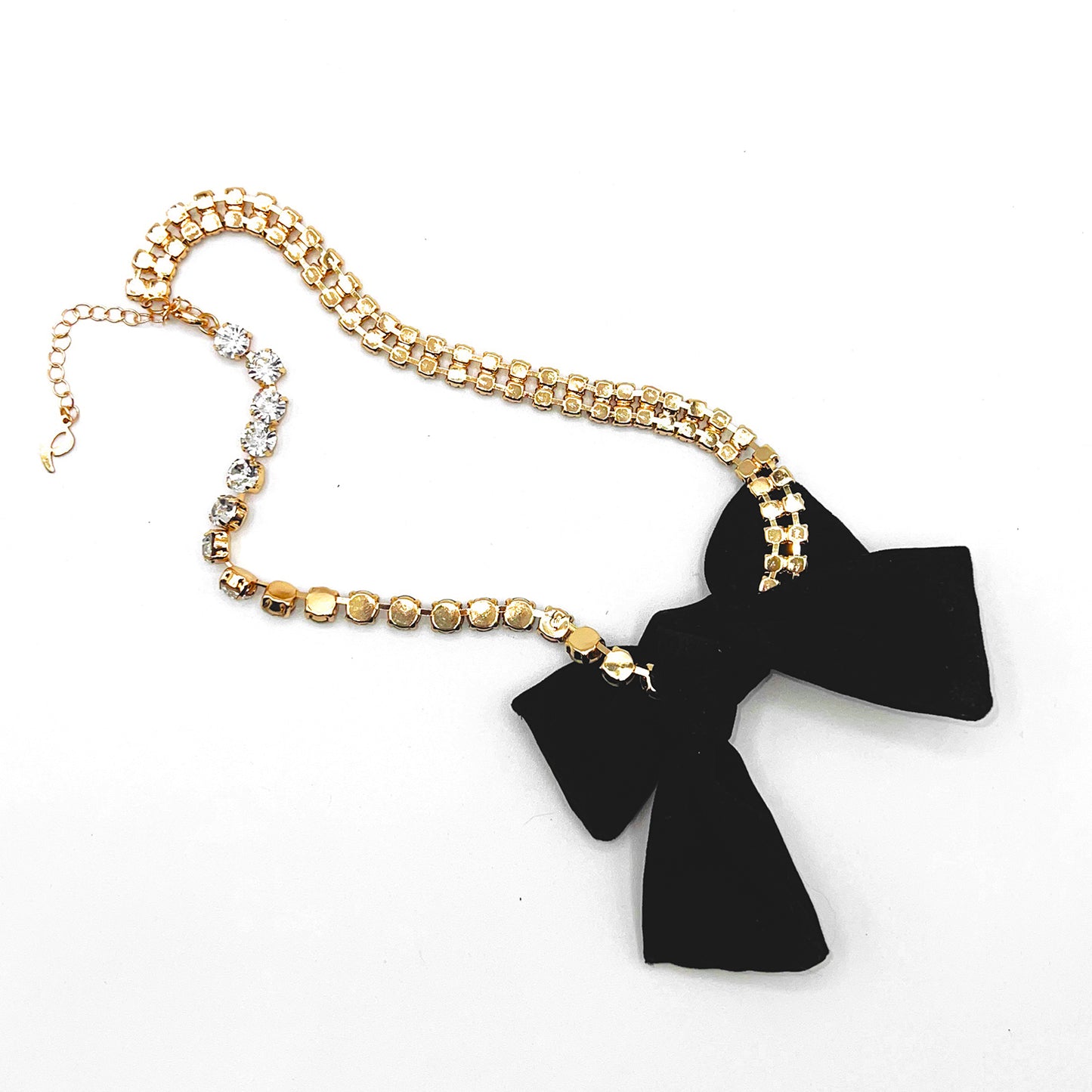 Rhinestone Chain Velvet Bow Necklace