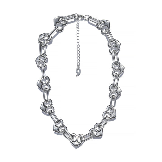 a silver necklace with a chain on a white background