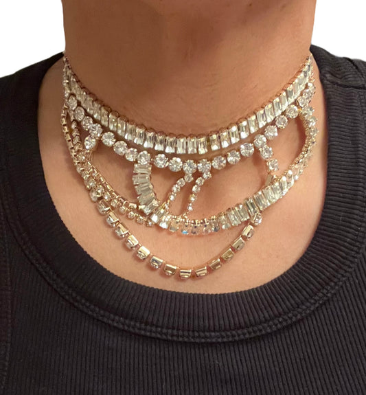 Crystal Draped Rhinestone Layered Statement Necklace - Gold Plated