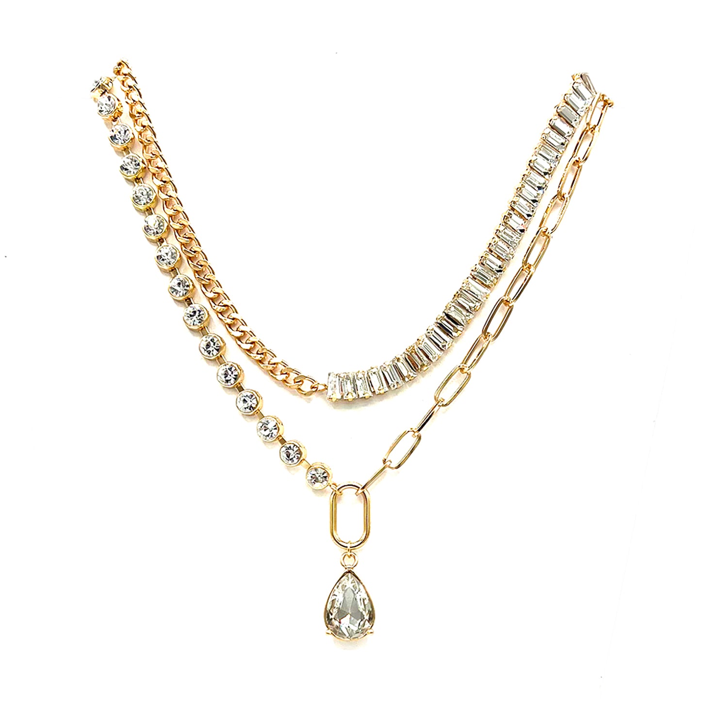 Mis-Match Layer Statement Necklace with Crystal Glass Drop, Gold Plated, 16" Top Row