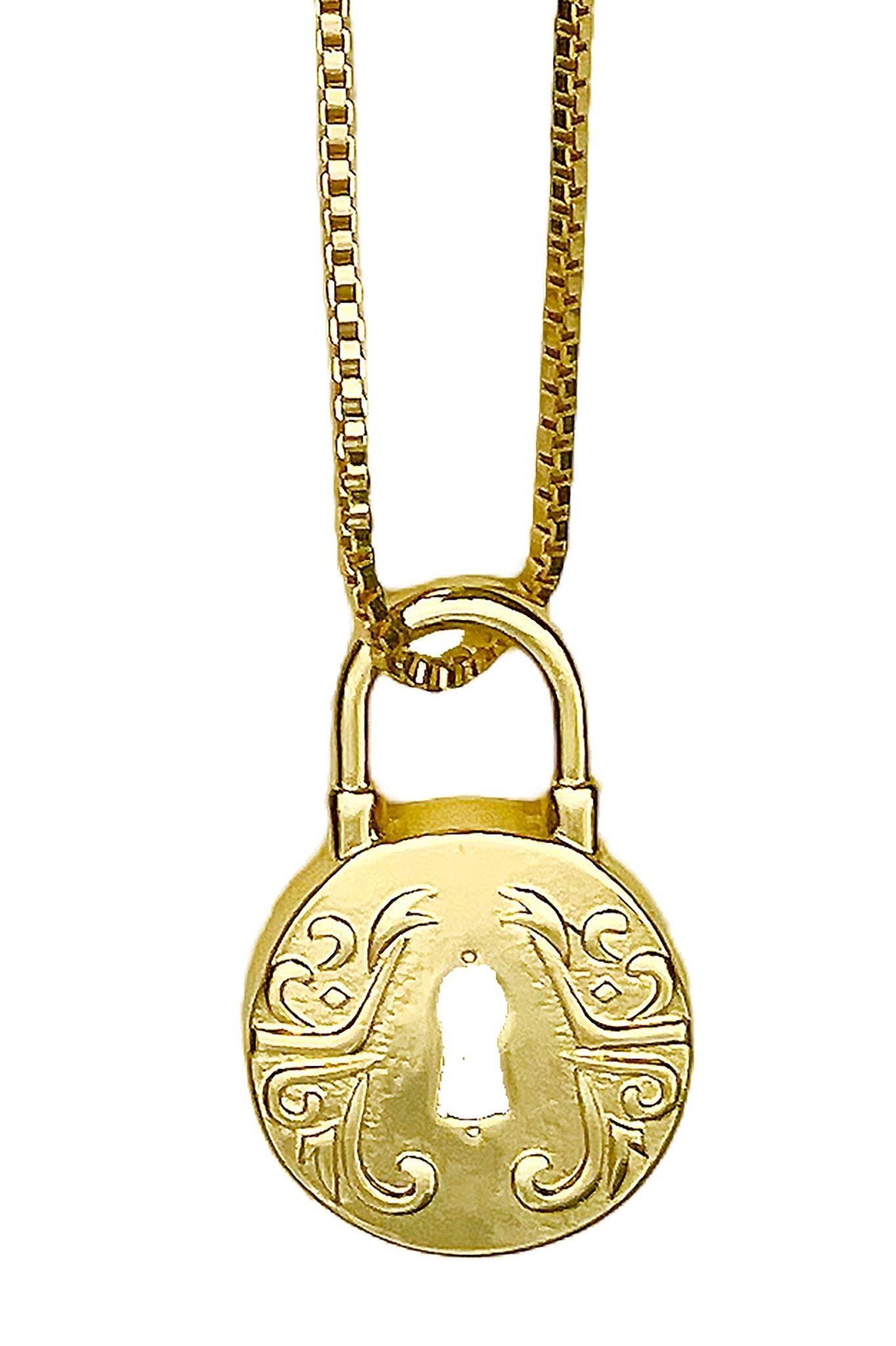 a gold padlock necklace with a lock on a chain