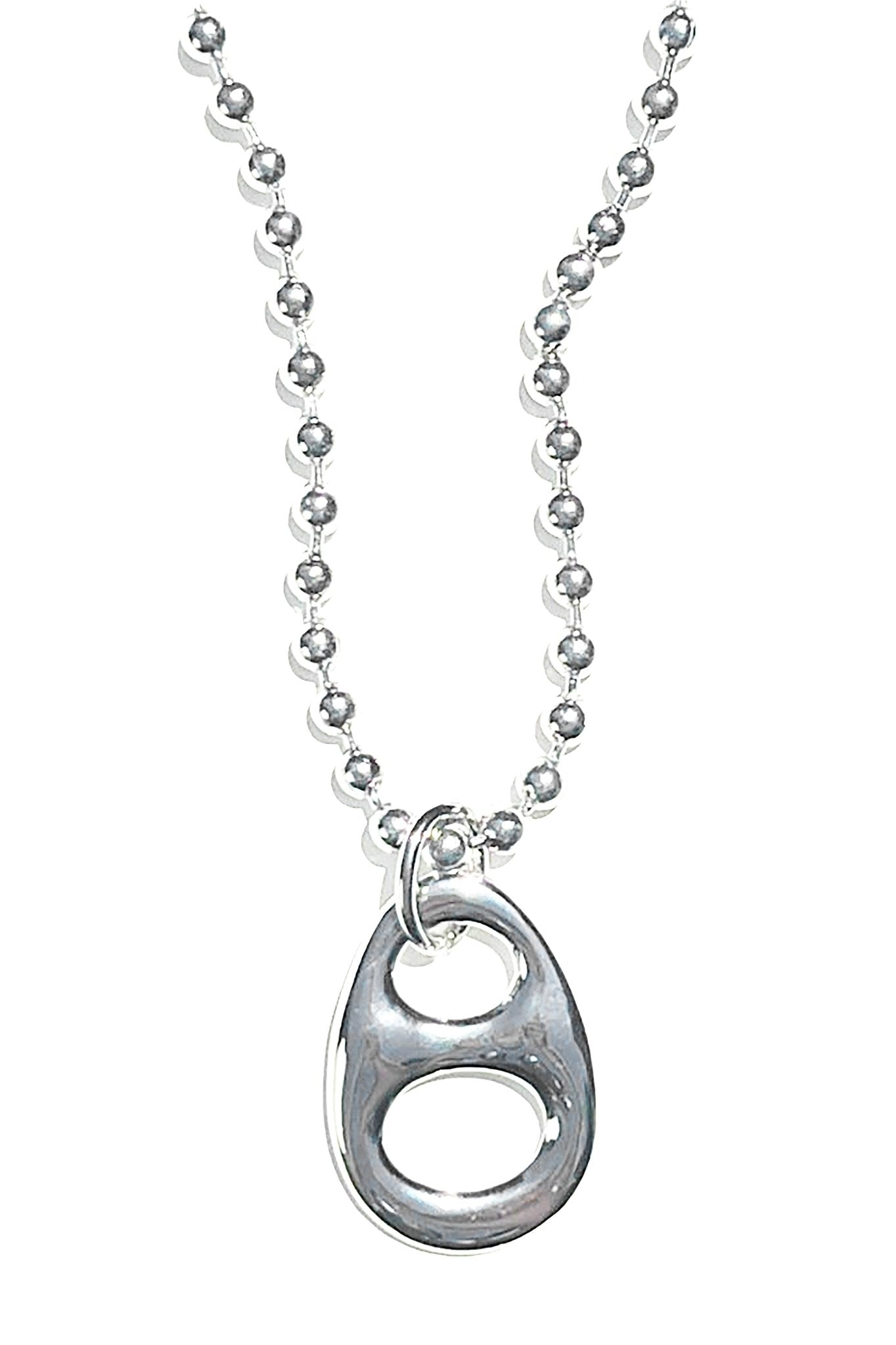 a necklace with a ball chain and a silver pendant