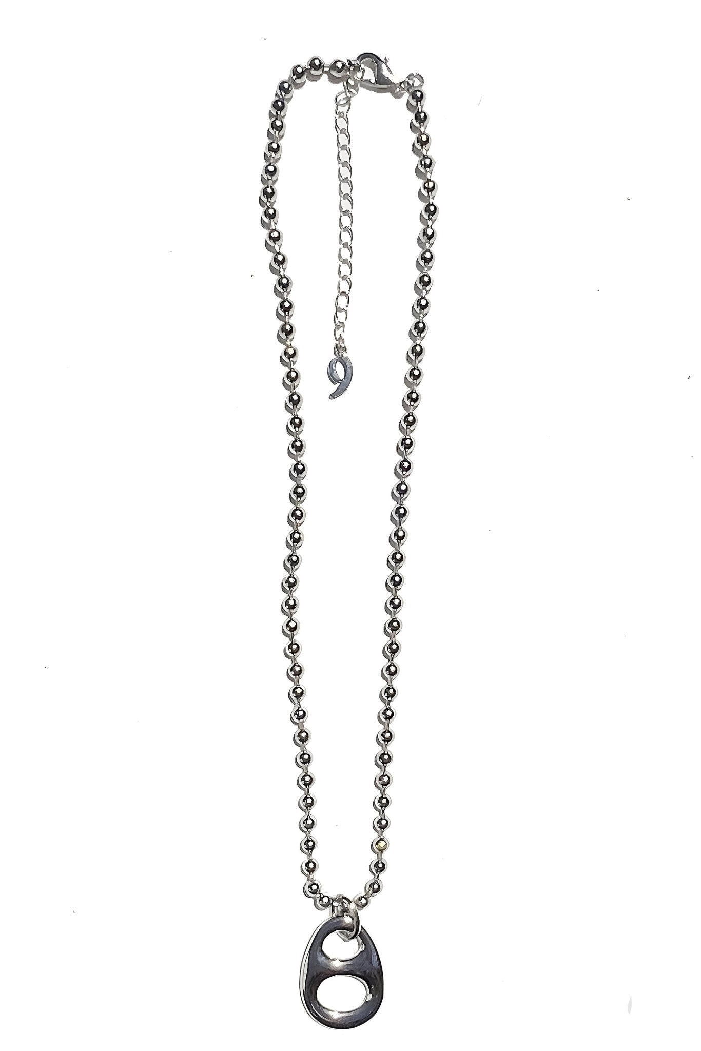 a long necklace with a silver ball chain