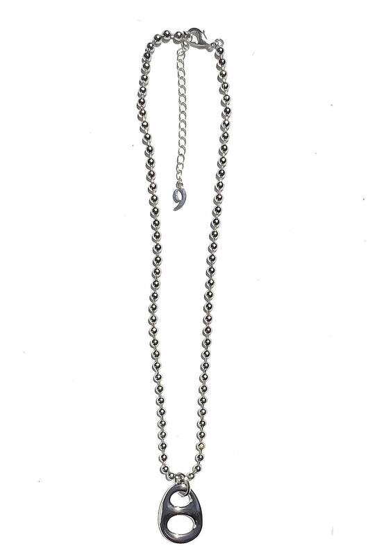 a long necklace with a silver ball chain