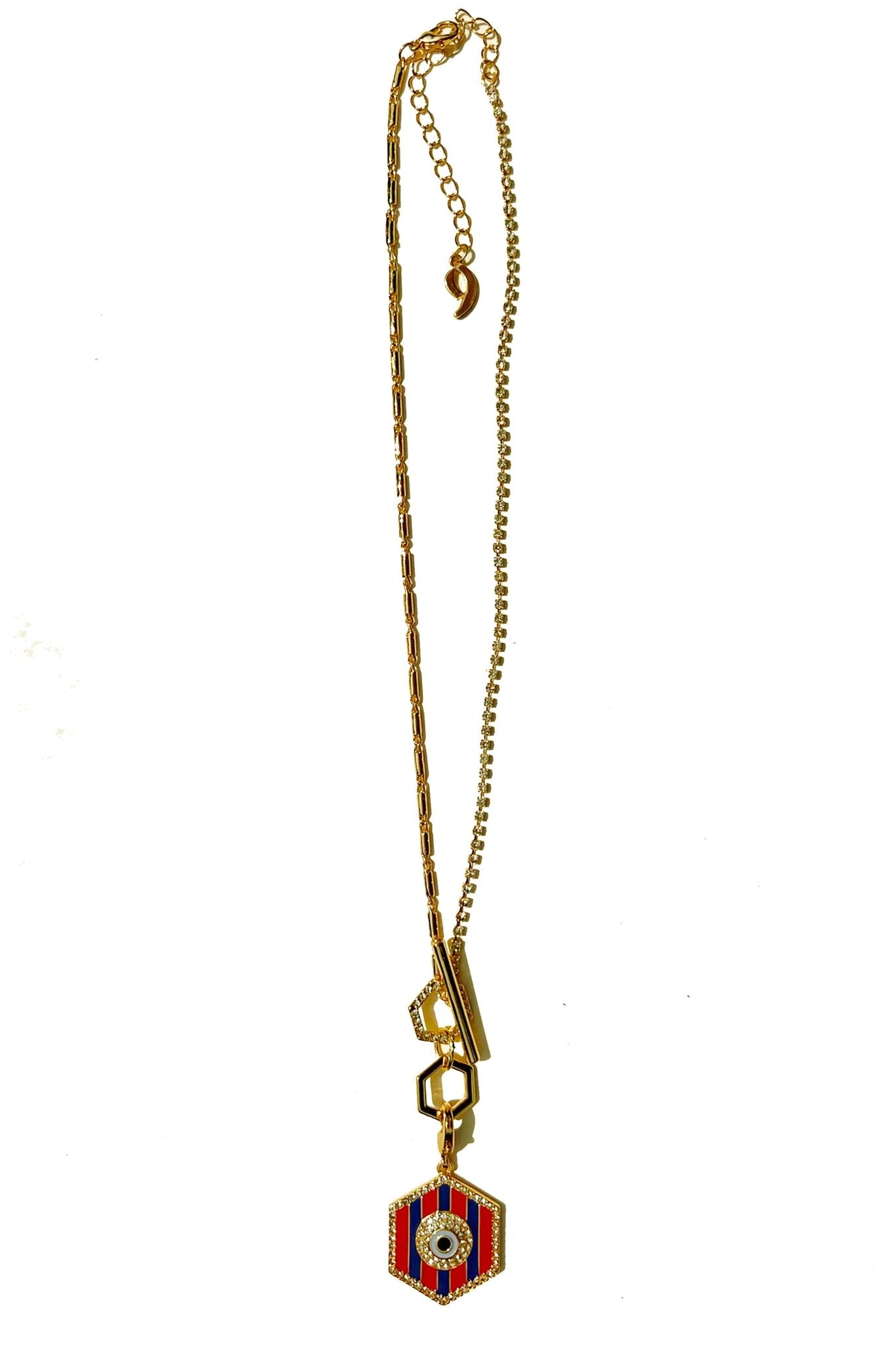 a gold necklace with a red and blue pendant