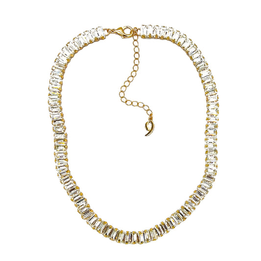 Crystal Baguette Rhinestone Chain Necklace with Gold Plating