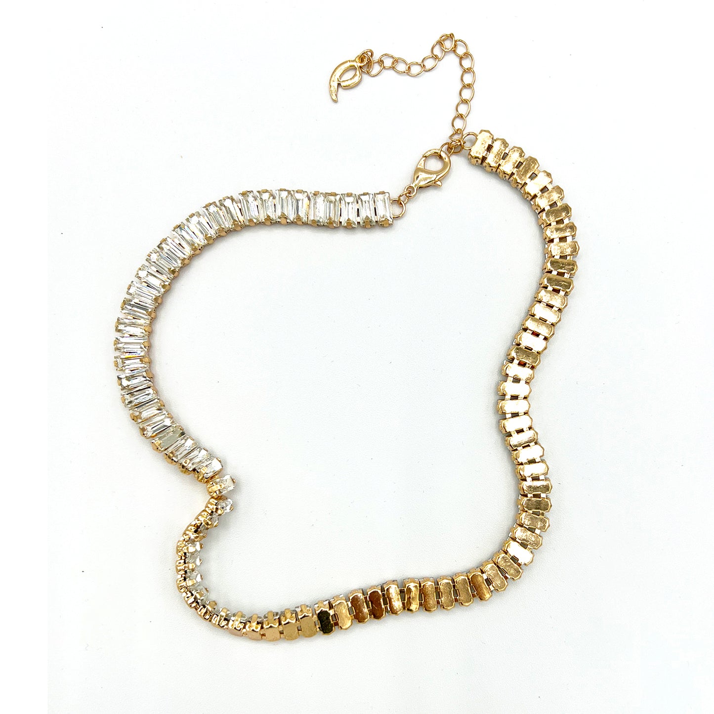 Crystal Baguette Rhinestone Chain Necklace with Gold Plating