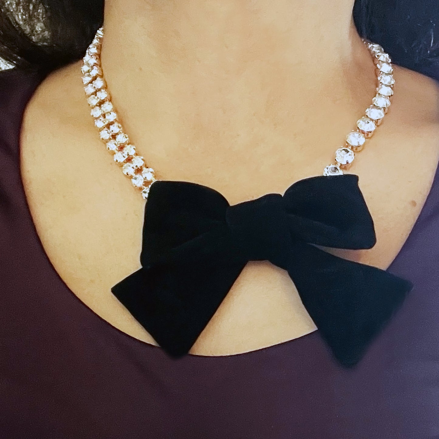 Rhinestone Chain Velvet Bow Necklace