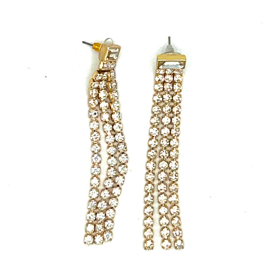 Statement Earrings with Baguette Rhinestone Top & Chain Fringe - Gold Plated