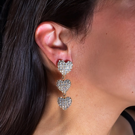 Triple Crystal Pave Puffy Heart Drop Earrings