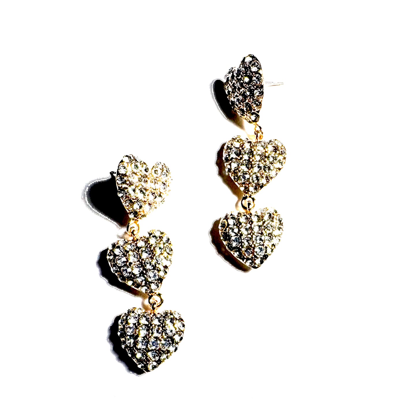 Triple Crystal Pave Puffy Heart Drop Earrings