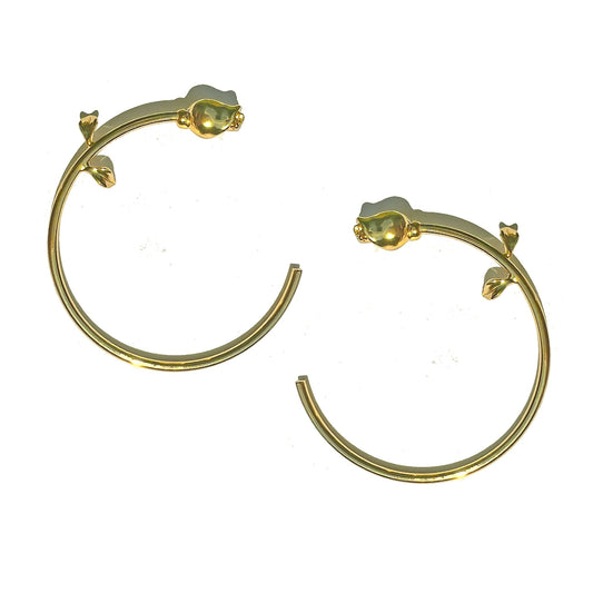 a pair of gold toned metal hoop earrings